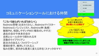 コミュニケーションツールにおける仲間
「こういう奴らがいればうまくいく」
Redmine警察（おまわりさん）、Redmineマイスター
Redmineエバンジェリスト、Redmine神（島根）
敏腕PM、相談しやすいPMO（報告のしやすさ）
過去の自分や未来の自分
自然とルールの中で飼われる羊
活動のライブラリアン
政治力のある人・フォロワーシップ
環境を保守、維持してくれる人
悩みを聞く、前向きな意見に変える存在（スナックのママ）
35
こういう奴がいると
上手くいかない⇒難敵
ルールに縛られず、
本質や事実を見る
罪を憎んで人を憎まず
仲間が難敵にかわってしまうことも
難敵が仲間になることもありうる
1 導入のヒント
2 欲求５段階説と対象業務
3 抵抗（難敵）
4 さくせん
5 とくぎ
 