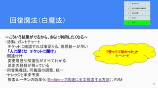 回復魔法（白魔法）　
〜こういう結果がでるから、さらに利用したくなる〜
・活動、ガントチャート
　チケットに確認すれば事足りる、意思統一が早い
　「人に聞くな　チケットに聞け」
・関連付け
　変更履歴や関連性がすべてわかる
　決定の経緯が残っている
・同音異義語、同義語の調整、統一
・ナレッジと未来予測
　検索ルーチンの効率化（Redmineで高速に全文検索する方法）、EVM
36
「使ってて助かった」が
キーワード
1 導入のヒント
2 欲求５段階説と対象業務
3 抵抗（難敵）
4 さくせん
5 とくぎ
 