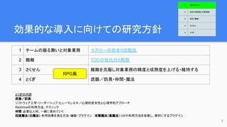効果的な導入に向けての研究方針
1 チームの振る舞いと対象業務 マズローの欲求５段階説
2 難敵 TOCの抵抗の６階層
3 さくせん 難敵を克服し対象業務の精度と成熟度を上げる・維持する
4 とくぎ 武器／防具・仲間・魔法
5
とくぎの内訳
武器／防具：
ソフトウェア工学・リーダーシップ・ヒューマンスキ／心理的安全性と心理学的アプローチ
Redmineの利用方法、テクニック
仲間：必要な人材。一緒に高めていく
回復魔法（白魔法）：利用効果を測る方法・機能・プラグイン　　攻撃魔法（黒魔法）：UXや利用方法を改善し、便利にするプラグイン
RPG風
1 導入のヒント
2 欲求５段階説と対象業務
3 抵抗（難敵）
4 さくせん
5 とくぎ
 