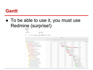 Gantt

● To be able to use it, you must use
  Redmine (surprise!)
 