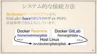 システム的な接続方法
Redmineサーバプログラムから
GitLabのbareリポジトリのディレクトリを
直接参照できるようにしています。
Host Linux
/srv/docker/gitlab/gitlab
Docker GitLab
/home/git/data
Docker Redmine
/home/redmine/gitlab
4
マウント マウント
 