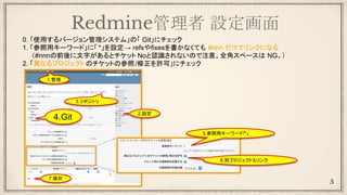 Redmine管理者 設定画面
0. 「使用するバージョン管理システム」の「 Git」にチェック
1. 「参照用キーワード」に「 *」を設定→ refsやfixesを書かなくても #nnn だけでリンクになる
　　（#nnnの前後に文字があるとチケット Noと認識されないので注意。全角スペースは NG。）
2. 「異なるプロジェクトのチケットの参照/修正を許可」にチェック
1.管理
2.設定
7.保存
5
3.リポジトリ
4.Git
5.参照用キーワード「*」
6.別プロジェクトもリンク
 