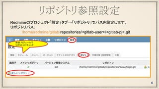 リポジトリ参照設定
Redmineのプロジェクト「設定」タブ→「リポジトリ」でパスを設定します。
リポジトリパス：
　　　　 /home/redmine/gitlab/repositories/<gitlab-user>/<gitlab-pj>.git
6
前提：モジュールで
リポジトリにチェック
 