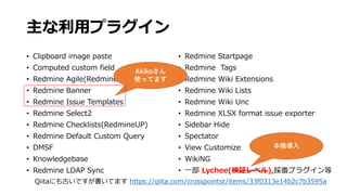 主な利用プラグイン
• Clipboard image paste
• Computed custom field
• Redmine Agile(RedmineUP)
• Redmine Banner
• Redmine Issue Templates
• Redmine Select2
• Redmine Checklists(RedmineUP)
• Redmine Default Custom Query
• DMSF
• Knowledgebase
• Redmine LDAP Sync
• Redmine Startpage
• Redmine Tags
• Redmine Wiki Extensions
• Redmine Wiki Lists
• Redmine Wiki Unc
• Redmine XLSX format issue exporter
• Sidebar Hide
• Spectator
• View Customize
• WikiNG
• 一部 Lychee(検証レベル),採番プラグイン等
Qiitaにも古いですが書いてます https://qiita.com/crosspointst/items/33f0313e14b2c7b3595a
本格導入
Akikoさん
使ってます
 