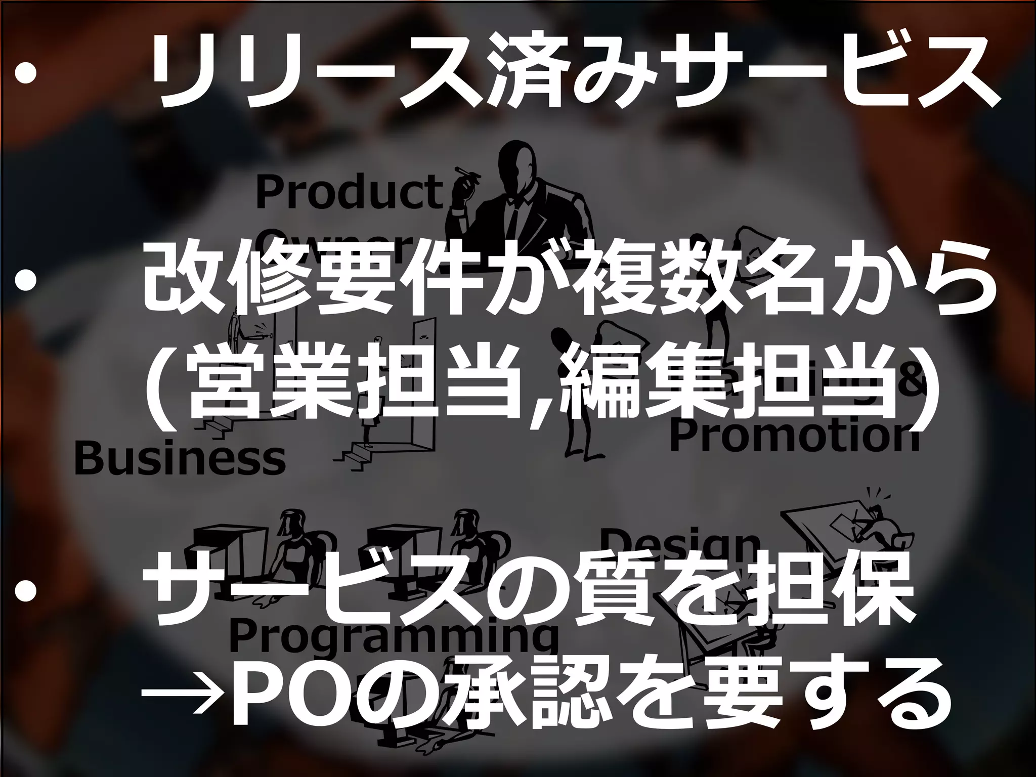 Product
Owner
Business
Design
Planning &
Promotion
Programming
• リリース済みサービス
• 改修要件が複数名から
(営業担当,編集担当)
• サービスの質を担保
→POの承認を要する
 
