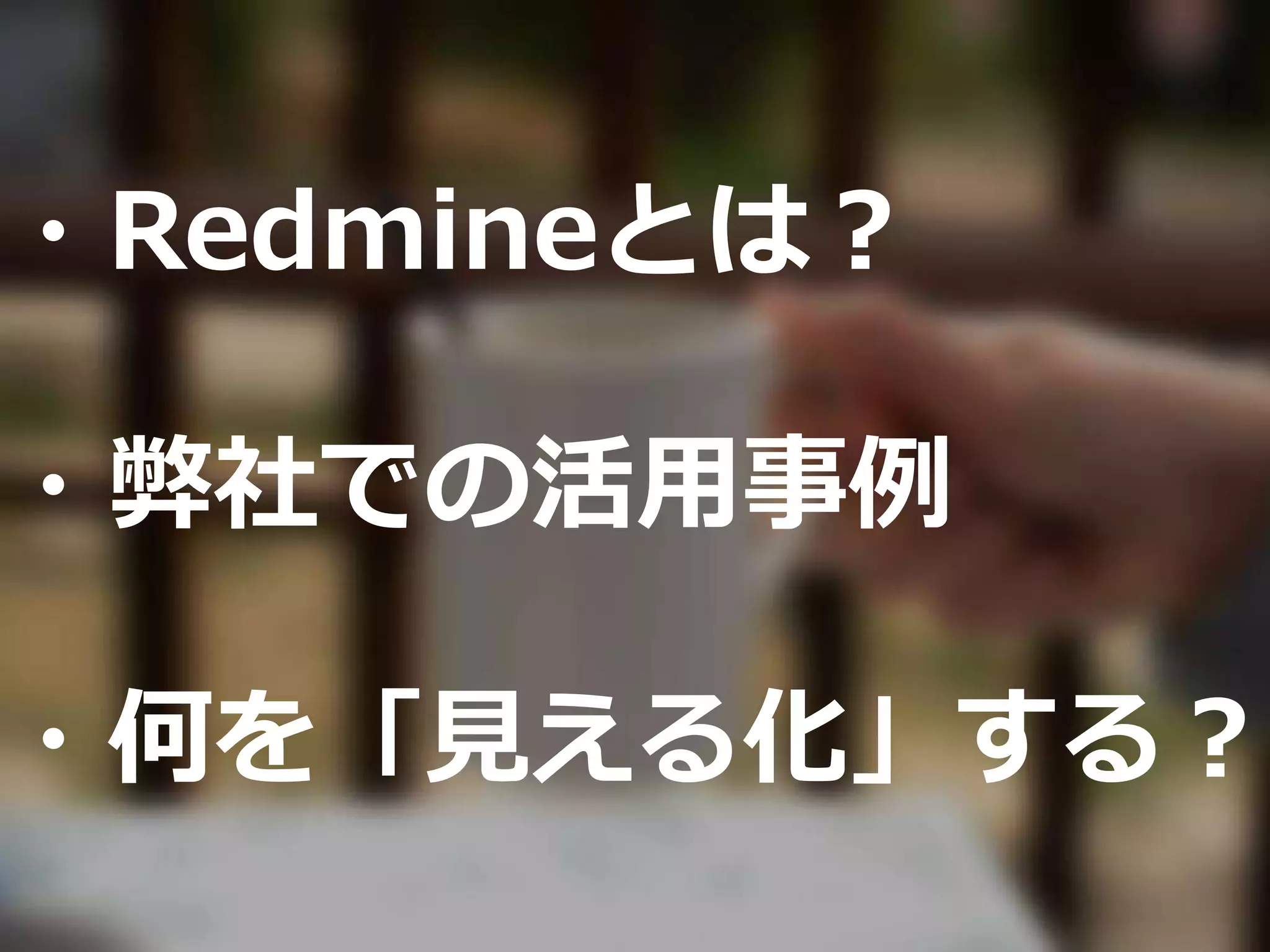 ・Redmineとは？
・弊社での活用事例
・何を「見える化」する？
 