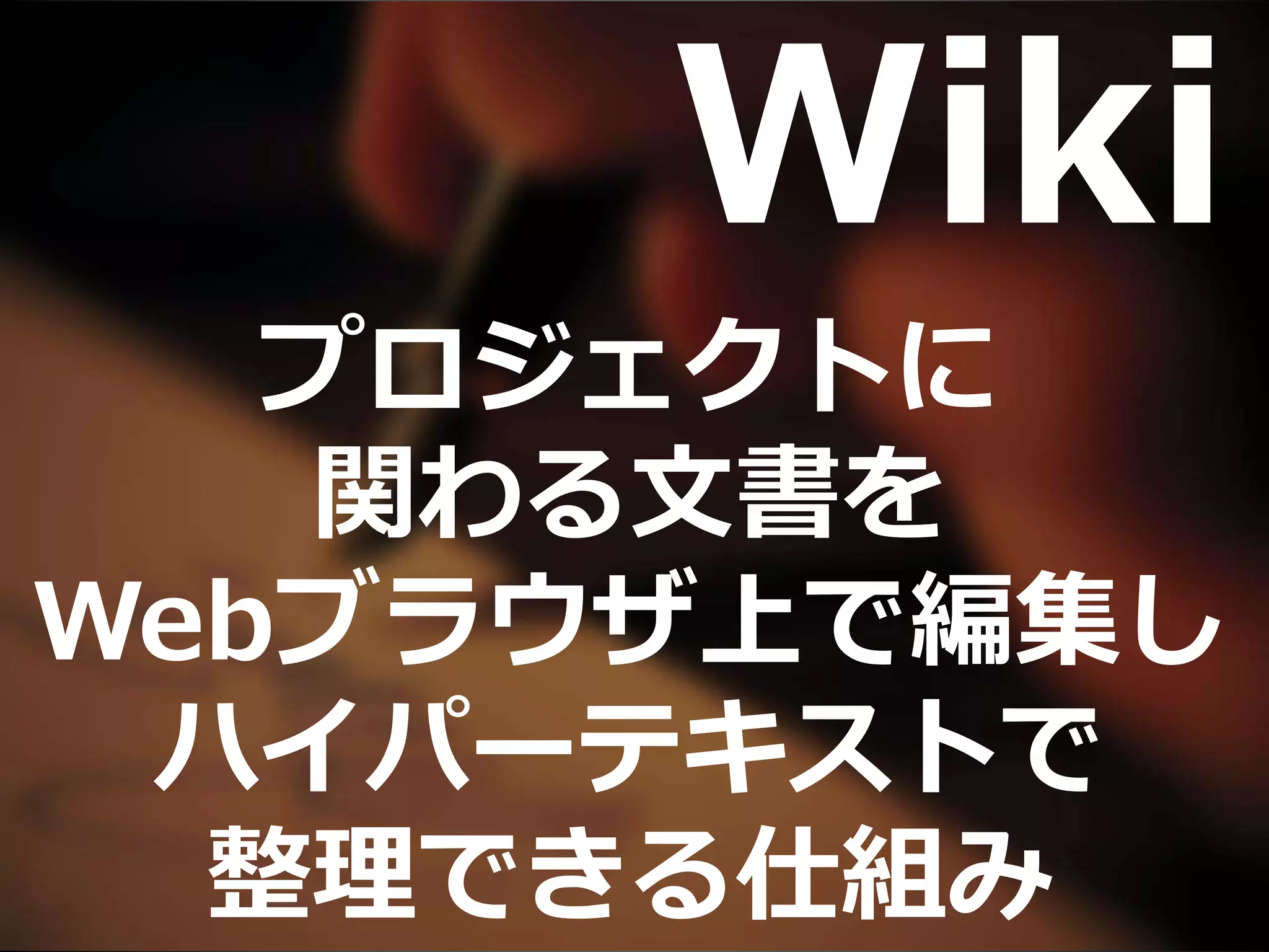 Wiki
プロジェクトに
関わる文書を
Webブラウザ上で編集し
ハイパーテキストで
整理できる仕組み
 