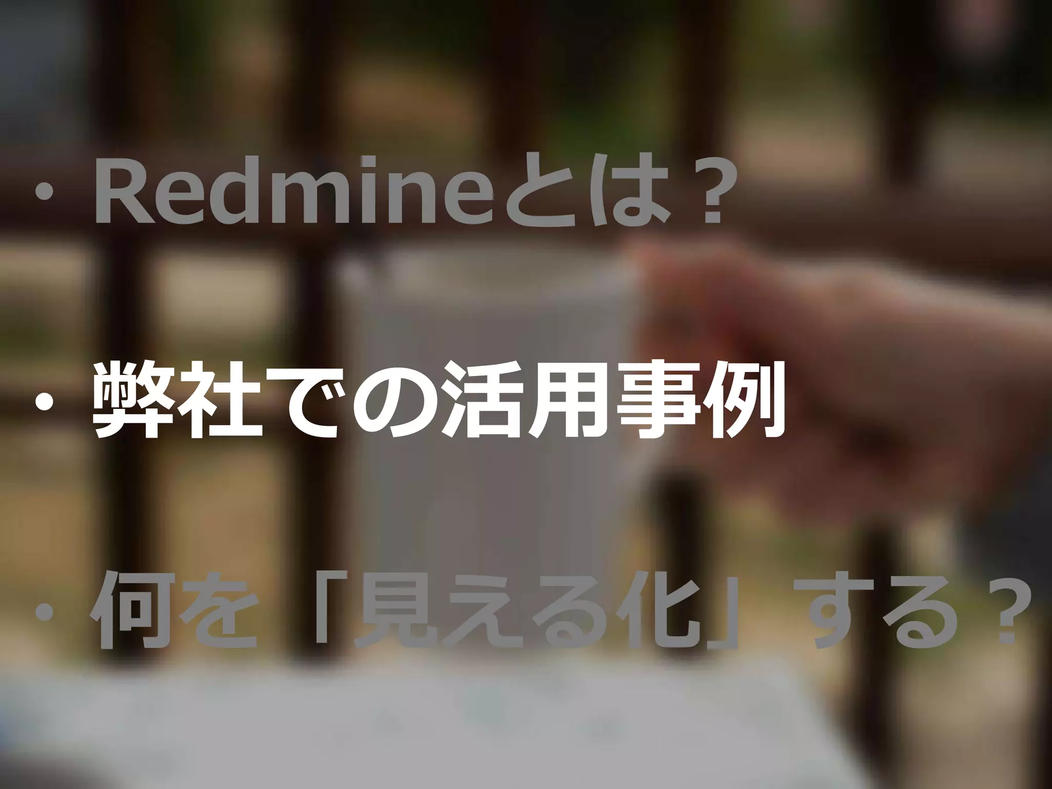 ・Redmineとは？
・弊社での活用事例
・何を「見える化」する？
 
