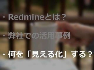 ・Redmineとは？
・弊社での活用事例
・何を「見える化」する？
 