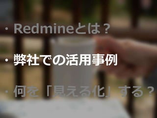 ・Redmineとは？
・弊社での活用事例
・何を「見える化」する？
 
