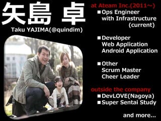 矢島 卓Taku YAJIMA(@quindim)
at Ateam Inc.(2011～)
■Ops Engineer
with Infrastructure
(current)
■Developer
Web Application
Android Application
■Other
Scrum Master
Cheer Leader
outside the company
■DevLOVE(Nagoya)
■Super Sentai Study
and more...
 
