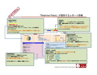Redmine Patrolṩݩ`Ԕ

 <Color Rate>                                                      <Point>
 ?}ʤBlue
 ?}ʤ                                                            ӛBlue,Yellow,RedˏꤸƥݥȤĤޤ
                                                                   ӛ               ˏꤸƥݥȤĤޤ
 ?ע⤬ҪYellow
 ?ע⤬Ҫ                                                           ע⡢Σꓤ״BˤʤȥݥȤ㤵ޤ
 ?Σꓤ״BRed
 ?Σꓤ״B                                                           Ĥޤꡢ
 ˷֤ƷYʾޤ                                                   ?ݥȤߤС}㤬तȤȤˤʤޤ
 ¤΃ҥդϡ``(BlueYellowRed)θϤ
 ¤΃ҥդϡ``               θϤ                              ?ݥȤ0˽СF״φ}ʤ״B˽
                                                                   ?ݥȤ ˽СF״φ}ʤ״B˽

 BlueθϤऱСF״φ}ʤ״B˽
 ʾΤǤ                                                          ȤȤˤʤޤ
     θϤऱСF״φ}ʤ״B˽
     θϤऱСF״φ}ʤ״B˽
 ȤȤˤʤޤ

                                                                                       <Point Detail>
                                                                                       㤵줿ݥȤ
                                                                                       ?Schedule(` Point)
                                                                                                 `
                                                                                       ?QA (Ʒ|ݥ
                                                                                            Ʒ|ݥ)
                                                                                            Ʒ|ݥ
                                                                                       ?Other (ݥ
                                                                                               ݥ)
                                                                                               ݥ
                                                                                       3Ĥ˷}wʾդǤ
                                                                                         Ĥ˷}wʾդǤ

                                                                                       F״PJϤɤˆ}Τ
                                                                                       F״ Ϥɤˆ}Τ
                                                                                       ʾդȤʤޤ


                                            <Point   Level>

<Summary>
                                            F״PJ״Bɤ״B/٥˴ڤΤ
                                            F״ ״Bɤ״B ٥˴ڤΤ
                                            㤵줿PointˏäʾդǤ
                                            㤵줿       ˏäʾդǤ
PPQAΥ`󤬤ޤȤ줿                        ?100 Point CRITICAL
                                                       
                                            ?50 Point DANGER
    Υ`󤬤ޤȤ줿
SummaryӛdƤޤ                                  
                                            ?30 Point TAKE CARE
       ӛdƤޤ
                                                     
                                            ?0   Point   NORMAL

ҪӛdƤޤ

ޤӛΥ`򤴴_J                       Ȥ٥ФǡFڤPJ(CURRENT) ɤˤΤʾդȤ
                                            Ȥ٥ФǡFڤ
                                            ޤ



                                                         Copyright ? 2013 VITALIFY ASIA. All rights reserved.
 