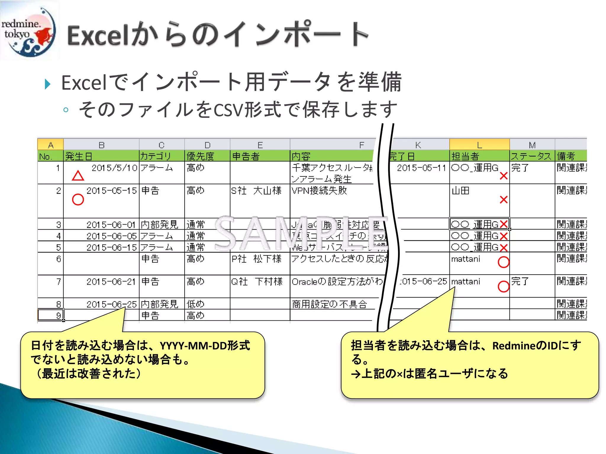  Excelでインポート用データを準備
◦ そのファイルをCSV形式で保存します
担当者を読み込む場合は、RedmineのIDにす
る。
→上記の×は匿名ユーザになる
日付を読み込む場合は、YYYY-MM-DD形式
でないと読み込めない場合も。
（最近は改善された）
×
×
〇
×
△
〇
〇
×
×
 