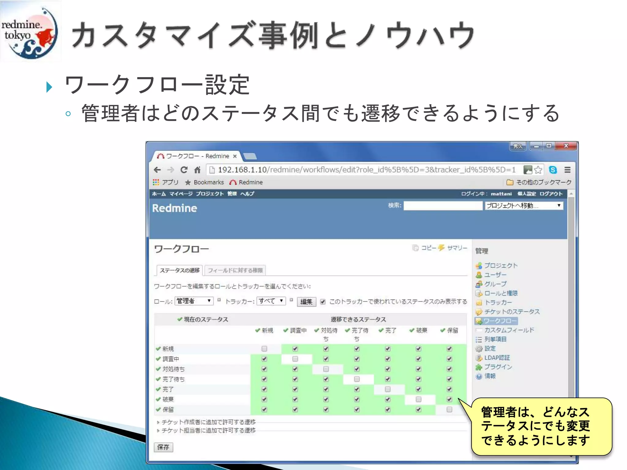 ワークフロー設定
◦ 管理者はどのステータス間でも遷移できるようにする
管理者は、どんなス
テータスにでも変更
できるようにします
 