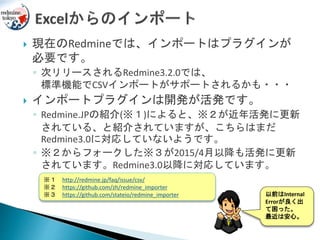 現在のRedmineでは、インポートはプラグインが
必要です。
◦ 次リリースされるRedmine3.2.0では、
標準機能でCSVインポートがサポートされるかも・・・
 インポートプラグインは開発が活発です。
◦ Redmine.JPの紹介(※１)によると、※２が近年活発に更新
されている、と紹介されていますが、こちらはまだ
Redmine3.0に対応していないようです。
◦ ※２からフォークした※３が2015/4月以降も活発に更新
されています。Redmine3.0以降に対応しています。
※１ http://redmine.jp/faq/issue/csv/
※２ https://github.com/zh/redmine_importer
※３ https://github.com/stateio/redmine_importer 以前はInternal
Errorが良く出
て困った。
最近は安心。
 