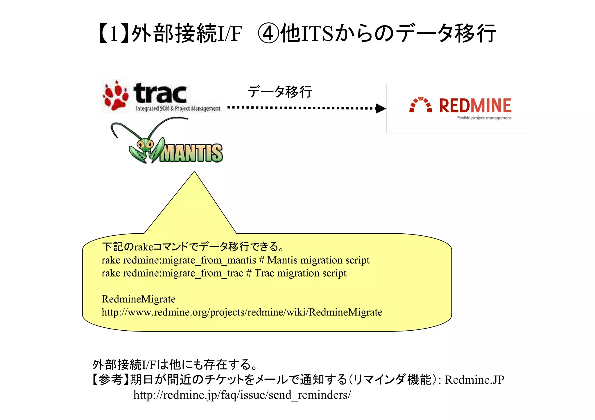 【1】外部接続I/F ④他ITSからのデータ移行
データ移行

下記のrakeコマンドでデータ移行できる。
rake redmine:migrate_from_mantis # Mantis migration script
rake redmine:migrate_from_trac # Trac migration script
RedmineMigrate
http://www.redmine.org/projects/redmine/wiki/RedmineMigrate

外部接続I/Fは他にも存在する。
【参考1】期日が間近のチケットをメールで通知する（リマインダ機能）: Redmine.JP
http://redmine.jp/faq/issue/send_reminders/
【参考2】 Redmine Rake - Batch job tasks
http://www.redmine.org/projects/redmine/wiki/RedmineRake#Batch-job-tasks

 