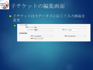 子チケットの編集画面
 子チケットはステータスに応じて入力画面を
変更
 調査中のとき
 