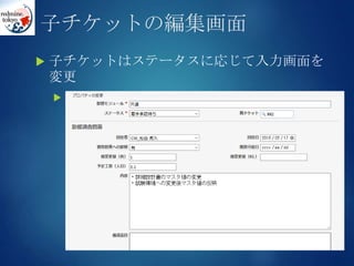 子チケットの編集画面
 子チケットはステータスに応じて入力画面を
変更
 着手承認待ちのとき
 