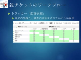 親チケットのワークフロー
 トラッカー「変更依頼」
 変更の契機と、調査の承認をされたかどうか管理
 