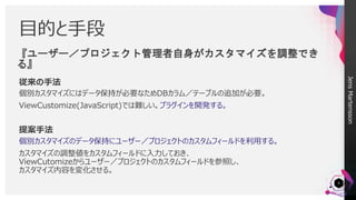 JensMartensson
4
目的と手段
個別カスタマイズにはデータ保持が必要なためDBカラム／テーブルの追加が必要。
ViewCustomize(JavaScript)では難しい。プラグインを開発する。
提案手法
個別カスタマイズのデータ保持にユーザー／プロジェクトのカスタムフィールドを利用する。
カスタマイズの調整値をカスタムフィールドに入力しておき、
ViewCutomizeからユーザー／プロジェクトのカスタムフィールドを参照し、
カスタマイズ内容を変化させる。
従来の手法
『ユーザー／プロジェクト管理者自身がカスタマイズを調整でき
る』
 