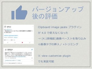バージョンアップ
後の評価
Clipboard image paste プラグイン
が 4.0 で使えなくなった
→ (4.1新機能)画像ペーストを取り込み
◎画像タグの挿入 / ×トリミング
※ view customize plugin
でも実装可能
 