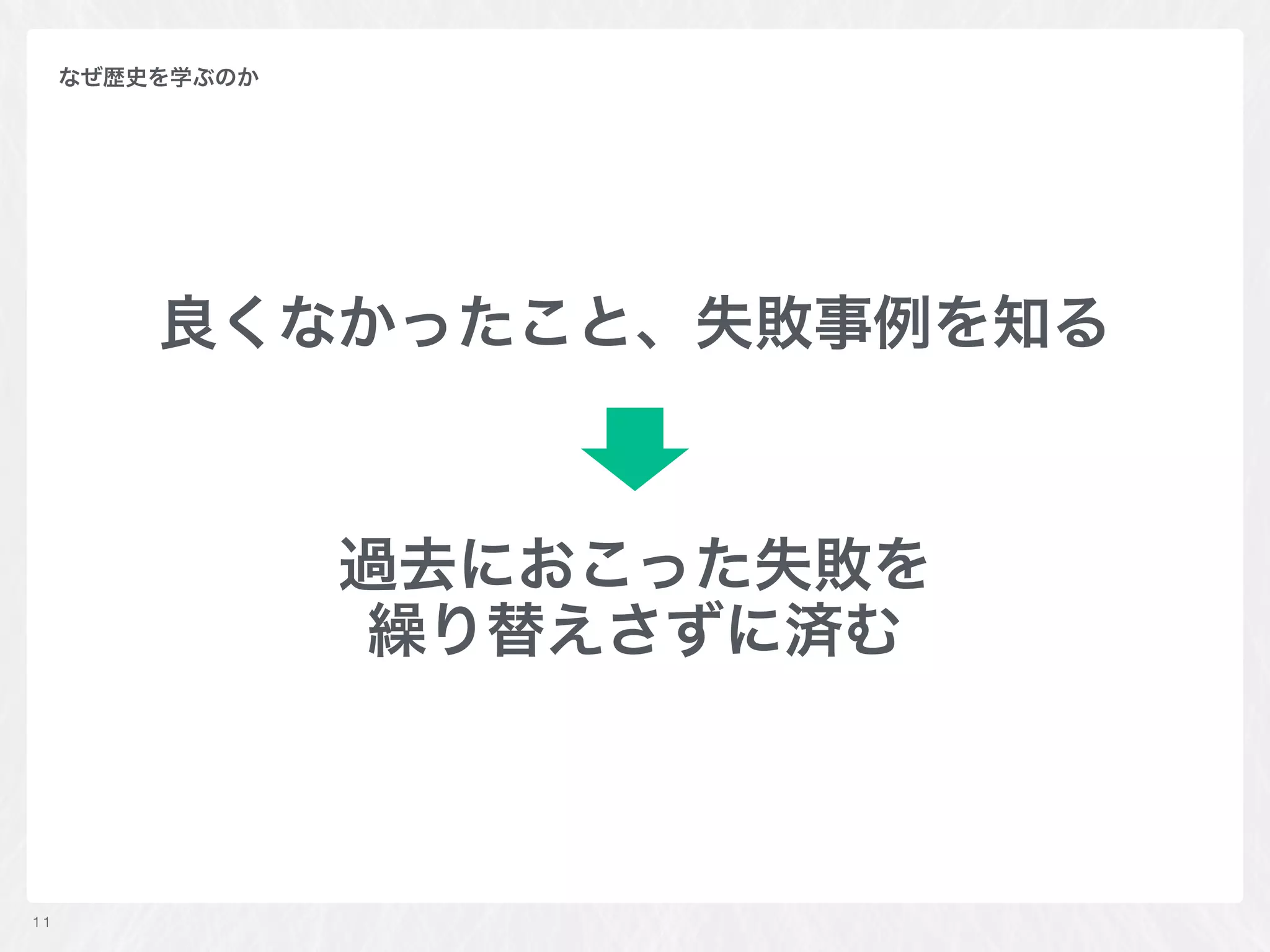 良くなかったこと、失敗事例を知る
過去におこった失敗を 
繰り替えさずに済む
11
なぜ歴史を学ぶのか
 