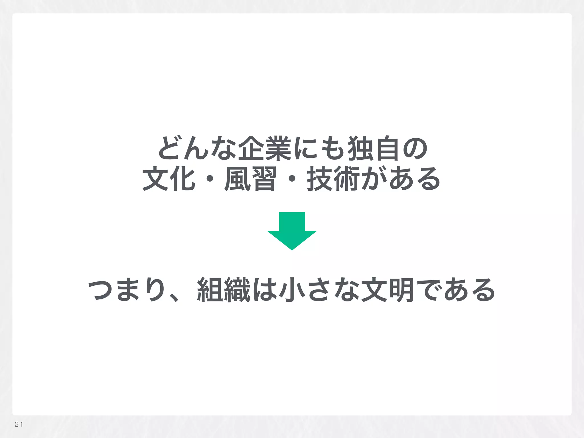 どんな企業にも独自の 
文化・風習・技術がある
つまり、組織は小さな文明である
21
 