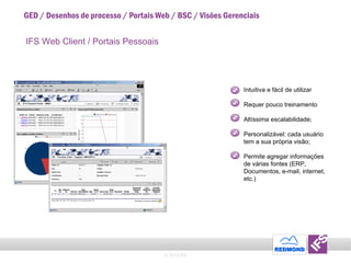GED / Desenhos de processo / Portais Web / BSC / Visões Gerenciais © 2011 IFS Intuitiva e fácil de utilizar  Requer pouco treinamento Altíssima escalabilidade;  Personalizável: cada usuário tem a sua própria visão; Permite agregar informações de várias fontes (ERP, Documentos, e-mail, internet, etc.) IFS Web Client / Portais Pessoais 