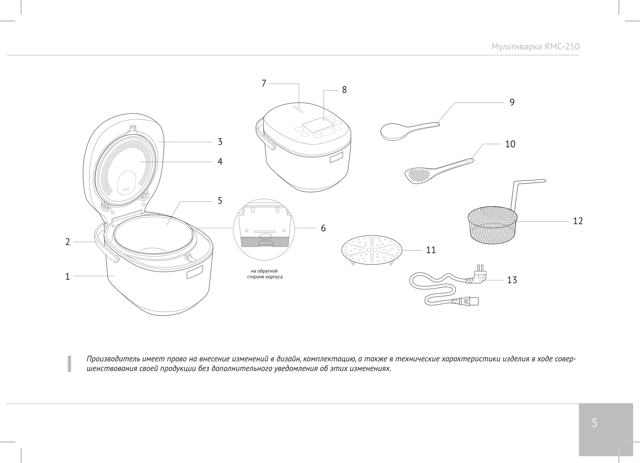 Мультиварка RMC-250 
5 
Производитель имеет право на внесение изменений в дизайн, комплектацию, а также в технические характеристики изделия в ходе совер- 
шенствования своей продукции без дополнительного уведомления об этих изменениях. 
на обратной 
1 стороне корпуса 
2 
3 
4 
5 
7 
8 
11 
9 
10 
13 
6 
12 
 