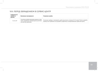 Мультиварка-скороварка RMC-PM190 
45 
ВЫПЕЧКА НЕ ПОДНЯЛАСЬ 
Яйца с сахаром были плохо взбиты. 
Обратитесь к проверенному (адаптированному для данной модели прибора) рецепту. 
Подбор ингредиентов, способ их предварительной обработки, пропорции закладки долж- 
ны соответствовать его рекомендациям. 
Тесто долго простояло с разрыхлителем. 
Вы не просеяли муку или плохо вымесили тесто. 
Допущены ошибки при закладке ингредиентов. 
Выбранный вами рецепт не подходит для выпечки в данной модели 
мультиварки. 
Сводная таблица программ приготовления (заводские установки) 
Программа Рекомендации по использованию 
Время приготовления по 
умолчанию 
Диапазон времени 
приготовления/ шаг 
установки 
Выбор продукта (овощи / 
рыба/ мясо) 
Отсрочка старта 
Ожидание выхода на 
рабочие параметры 
Автоподогрев 
ЖАРКА 
Мясо 
Жарка мяса, рыбы, овощей, приготовле- 
ние во фритюре 
20 мин 
Рыба 13 мин 5 мин — 2 часа / 1 мин + — — + 
Овощи 15 мин 
ХЛЕБ Выпечка хлеба 3 часа 10 мин — 6 часов / 5 мин — + — + 
ЙОГУРТ Приготовление различных видов йогурта 8 часов 10 мин — 12 часов / 5 мин — + — — 
ПАСТА Варка макарон, приготовление пасты по 
различным рецептам 8 минут 2 мин — 1 час / 1 мин — — + + 
МОЛОЧНАЯ КАША Приготовление каш на молоке 25 мин 10 мин — 1 час 30 мин / 5 мин — + — + 
 