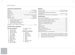 6 
Технические характеристики 
Модель....................................................................................................RMC-PM190 
Мощность ....................................................................................................... 900 Bт 
Напряжение................................................................................220–240 В, 50 Гц 
Объем чаши .......................................................................................................... 5 л 
Покрытие чаши .............................................. антипригарное керамическое 
Дисплей.................................................................................................... цифровой 
Паровой клапан........................................................................................ съемный 
Система защиты................................................................................4-уровневая: 
1. клапан регулировки давления 
2. температурный датчик 
3. температурный предохранитель 
4. датчик блокировки крышки 
Звуковой сигнал о готовности продукта.................................................. есть 
Автоматические программы 
В режиме скороварки: 
1. Тушение мяса 
2. Тушение рыбы 
3. Тушение овощей 
4. Суп с мясом 
5. Суп рыбный 
6. Суп овощной 
7. Варка мяса 
8. Варка рыбы 
9. Варка овощей 
10. Бобовые 
11. Мясо на пару 
12. Рыба на пару 
13. Овощи на пару 
14. Плов 
В режиме мультиварки: 
1. Попкорн 
2. Жарка мяса 
3. Жарка рыбы 
4. Жарка овощей 
5. Хлеб 
6. Йогурт 
7. Паста 
8. Молочная каша 
9. Выпечка 
Функции 
Отсрочка старта........................................................................есть, до 24 часов 
Разогрев блюда.........................................................................есть, до 24 часов 
Поддержание температуры готовых блюд 
(автоподогрев)...........................................................................есть, до 12 часов 
Предварительное отключение автоподогрева....................................... есть 
Комплектация 
Мультиварка-скороварка.............................................................................. 1 шт. 
Чаша с антипригарным керамическим покрытием............................. 1 шт. 
Контейнер для приготовления на пару ................................................... 1 шт. 
Корзина с ручкой для жарки во фритюре............................................... 1 шт. 
Подставка из нержавеющей стали............................................................ 1 шт. 
Запасное уплотнительное кольцо.............................................................. 1 шт. 
Черпак.................................................................................................................. 1 шт. 
Плоская ложка .................................................................................................. 1 шт. 
Мерный стакан ................................................................................................. 1 шт. 
Книга «200 рецептов».................................................................................... 1 шт. 
Руководство по эксплуатации..................................................................... 1 шт. 
Сервисная книжка............................................................................................ 1 шт. 
Шнур электропитания с выключателем................................................... 1 шт. 
Производитель имеет право на внесение изменений в дизайн, 
комплектацию, а также в технические характеристики изделия 
в ходе совершенствования своей продукции без дополнительного 
уведомления об этих изменениях. 
 
