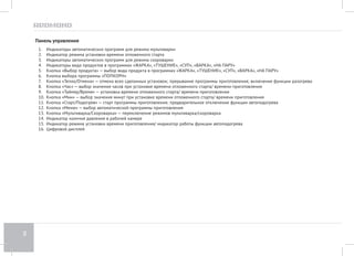 8 
Панель управления 
1. Индикаторы автоматических программ для режима мультиварки 
2. Индикатор режима установки времени отложенного старта 
3. Индикаторы автоматических программ для режима скороварки 
4. Индикаторы вида продуктов в программах «ЖАРКА», «ТУШЕНИЕ», «СУП», «ВАРКА», «НА ПАРУ» 
5. Кнопка «Выбор продукта» — выбор вида продукта в программах «ЖАРКА», «ТУШЕНИЕ», «СУП», «ВАРКА», «НА ПАРУ» 
6. Кнопка выбора программы «ПОПКОРН» 
7. Кнопка «Тепло/Отмена» — отмена всех сделанных установок; прерывание программы приготовления; включение функции разогрева 
8. Кнопка «Час» — выбор значения часов при установке времени отложенного старта/ времени приготовления 
9. Кнопка «Таймер/Время» — установка времени отложенного старта/ времени приготовления 
10. Кнопка «Мин» — выбор значения минут при установке времени отложенного старта/ времени приготовления 
11. Кнопка «Старт/Подогрев» — старт программы приготовления; предварительное отключение функции автоподогрева 
12. Кнопка «Меню» — выбор автоматической программы приготовления 
13. Кнопка «Мультиварка/Скороварка» — переключение режимов мультиварка/скороварка 
14. Индикатор наличия давления в рабочей камере 
15. Индикатор режима установки времени приготовления/ индикатор работы функции автоподогрева 
16. Цифровой дисплей 
 