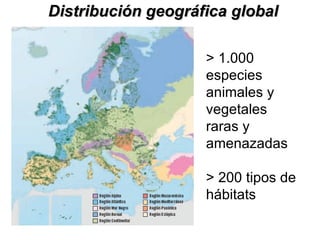 Distribución geográfica global > 1.000 especies animales y vegetales raras y amenazadas > 200 tipos de hábitats  