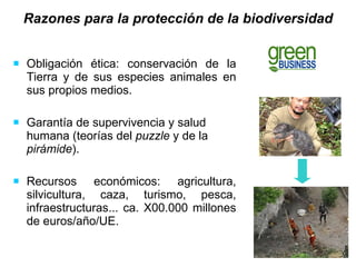 Obligación ética: conservación de la Tierra y de sus especies animales en sus propios medios.  Garantía de supervivencia y salud humana (teorías del  puzzle  y de la  pirámide ). Recursos económicos: agricultura, silvicultura, caza, turismo, pesca, infraestructuras... ca. X00.000 millones de euros/año/UE.  Razones para la protección de la biodiversidad 