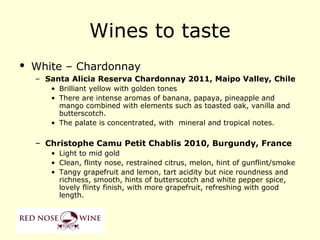 Wines to taste
• White – Chardonnay
  – Santa Alicia Reserva Chardonnay 2011, Maipo Valley, Chile
     • Brilliant yellow with golden tones
     • There are intense aromas of banana, papaya, pineapple and
       mango combined with elements such as toasted oak, vanilla and
       butterscotch.
     • The palate is concentrated, with mineral and tropical notes.

  – Christophe Camu Petit Chablis 2010, Burgundy, France
     • Light to mid gold
     • Clean, flinty nose, restrained citrus, melon, hint of gunflint/smoke
     • Tangy grapefruit and lemon, tart acidity but nice roundness and
       richness, smooth, hints of butterscotch and white pepper spice,
       lovely flinty finish, with more grapefruit, refreshing with good
       length.
 