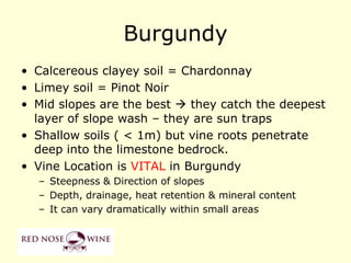Burgundy
• Calcereous clayey soil = Chardonnay
• Limey soil = Pinot Noir
• Mid slopes are the best  they catch the deepest
  layer of slope wash – they are sun traps
• Shallow soils ( < 1m) but vine roots penetrate
  deep into the limestone bedrock.
• Vine Location is VITAL in Burgundy
  – Steepness & Direction of slopes
  – Depth, drainage, heat retention & mineral content
  – It can vary dramatically within small areas
 