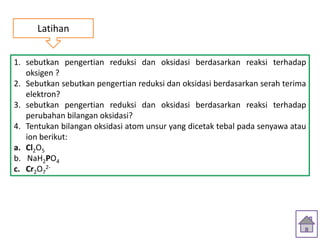 Latihan


1. sebutkan pengertian reduksi dan oksidasi berdasarkan reaksi terhadap
   oksigen ?
2. Sebutkan sebutkan pengertian reduksi dan oksidasi berdasarkan serah terima
   elektron?
3. sebutkan pengertian reduksi dan oksidasi berdasarkan reaksi terhadap
   perubahan bilangan oksidasi?
4. Tentukan bilangan oksidasi atom unsur yang dicetak tebal pada senyawa atau
   ion berikut:
a. Cl2O5
b. NaH2PO4
c. Cr2O72-
 