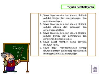 Tujuan Pembelajaran


1. Siswa dapat menjelaskan konsep oksidasi-
   reduksi ditinjau dari penggabungan dan
   pelepasan oksigen
2. Siswa dapat menjelaskan konsep oksidasi-
   reduksi ditinjau dari pelepasan dan
   penerimaan elektron
3. Siswa dapat menjelaskan konsep oksidasi-
   reduksi ditinjau dari peningkatan dan
   penurunan bilangan oksidasi
4. Siswa dapat memberi nama senyawa
   menurut IUPAC
5. Siswa dapat mendeskripsikan konsep
   larutan elektrolit dan konsep redoks dalam
   memecahkan masalah lingkungan
 