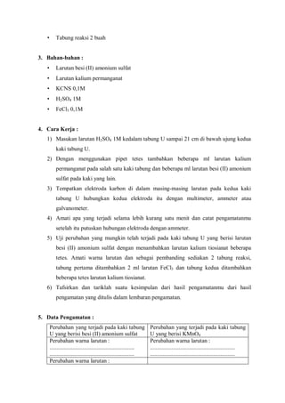 • Tabung reaksi 2 buah
3. Bahan-bahan :
• Larutan besi (II) amonium sulfat
• Larutan kalium permanganat
• KCNS 0,1M
• H2SO4 1M
• FeCl3 0,1M
4. Cara Kerja :
1) Masukan larutan H2SO4 1M kedalam tabung U sampai 21 cm di bawah ujung kedua
kaki tabung U.
2) Dengan menggunakan pipet tetes tambahkan beberapa ml larutan kalium
permanganat pada salah satu kaki tabung dan beberapa ml larutan besi (II) amonium
sulfat pada kaki yang lain.
3) Tempatkan elektroda karbon di dalam masing-masing larutan pada kedua kaki
tabung U hubungkan kedua elektroda itu dengan multimeter, ammeter atau
galvanometer.
4) Amati apa yang terjadi selama lebih kurang satu menit dan catat pengamatanmu
setelah itu putuskan hubungan elektroda dengan ammeter.
5) Uji perubahan yang mungkin telah terjadi pada kaki tabung U yang berisi larutan
besi (II) amonium sulfat dengan menambahkan larutan kalium tiosianat beberapa
tetes. Amati warna larutan dan sebagai pembanding sediakan 2 tabung reaksi,
tabung pertama ditambahkan 2 ml larutan FeCl3 dan tabung kedua ditambahkan
beberapa tetes larutan kalium tiosianat.
6) Tafsirkan dan tariklah suatu kesimpulan dari hasil pengamatanmu dari hasil
pengamatan yang ditulis dalam lembaran pengamatan.
5. Data Pengamatan :
Perubahan yang terjadi pada kaki tabung
U yang berisi besi (II) amonium sulfat
Perubahan yang terjadi pada kaki tabung
U yang berisi KMnO4
Perubahan warna larutan :
...........................................................
...........................................................
Perubahan warna larutan :
...........................................................
...........................................................
Perubahan warna larutan :
 