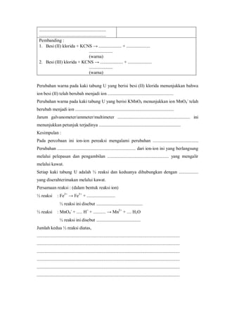 ...........................................................
...........................................................
Pembanding :
1. Besi (II) klorida + KCNS → .................... + .....................
.....................
(warna)
2. Besi (III) klorida + KCNS → .................... + .....................
.....................
(warna)
Perubahan warna pada kaki tabung U yang berisi besi (II) klorida menunjukkan bahwa
ion besi (II) telah berubah menjadi ion ..........................................................
Perubahan warna pada kaki tabung U yang berisi KMnO4 menunjukkan ion MnO4
-
telah
berubah menjadi ion .......................................................................................
Jarum galvanometer/ammeter/multimeter ................................................................ ini
menunjukkan petunjuk terjadinya ........................................................................
Kesimpulan :
Pada percobaan ini ion-ion pereaksi mengalami perubahan ........................................
Perubahan ..................................................................... dari ion-ion ini yang berlangsung
melalui pelepasan dan pengambilan ...................................................... yang mengalir
melalui kawat.
Setiap kaki tabung U adalah ½ reaksi dan keduanya dihubungkan dengan .................
yang diserahterimakan melalui kawat.
Persamaan reaksi : (dalam bentuk reaksi ion)
½ reaksi : Fe2+
→ Fe3+
+ .........................
½ reaksi ini disebut .........................................
½ reaksi : MnO4
-
+ ..... H+
+ ........... → Mn2+
+ .... H2O
½ reaksi ini disebut .......................................
Jumlah kedua ½ reaksi diatas,
..............................................................................................................................
..............................................................................................................................
..............................................................................................................................
..............................................................................................................................
..............................................................................................................................
..............................................................................................................................
 