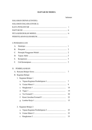 DAFTAR ISI MODUL
halaman
HALAMAN DEPAN (COVER1)
HALAMAN DALAM (COVER 2)
KATA PENGANTAR ............................................................................... i
DAFTAR ISI ................................................................................................ ii
PETA KEDUDUKAN MODUL ................................................................. iv
PERISTILAHAN/GLOSARIUM..................................................................
I. PENDAHULUAN
A. Deskripsi ......................................................................................... 1
B. Prasyarat ......................................................................................... 2
C. Petunjuk Penggunan Modul ............................................................ 2
D. Tujuan Akhir .................................................................................... 3
E. Kompetensi ..................................................................................... 5
F. Cek Kemampuan ............................................................................ 5
II. PEMBELAJARAN
A. Rencana Belajar Siswa ................................................................... 7
B. Kegiatan Belajar
1. Kegiatan Belajar 1
a. Tujuan Kegiatan Pembelajaran 1......................................... 7
b. Uraian Materi 1 .................................................................... 8
c. Rangkuman 1 ...................................................................... 18
d. Tugas 1 ............................................................................... 19
e. Tes Formatif 1 ..................................................................... 20
f. Kunci Jawaban Formatif 1 .................................................. 22
g. Lembar Kerja 1 .................................................................... 15
2. Kegiatan Belajar 2
a. Tujuan Kegiatan Pembelajaran 2 ........................................ 25
b. Uraian Materi 2 .................................................................... 25
c. Rangkuman 2 ...................................................................... 35
 