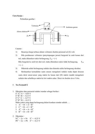 Cara Kerja :
Perhatikan gambar :
Catatan :
1) Besarnya harga terbaca dalam voltmeter disebut potensial sel (E) volt.
2) Bila pembacaan voltmeter (penyimpangan jarum) bergerak ke arah kanan dari
nol, maka dikatakan reaksi berlangsung, Esel = (+)
Bila bergerak ke arah kiri dari nol, maka dikatakan reaksi tidak berlangsung, Esel
= ( - )
3) Dikatoda selalu berlangsung reduksi dan dianoda selalu berlangsung oksidasi.
4) Berdasarkan kemudahan suatu unsure mengalami reduksi maka dapat disusun
suatu deret unsur-unsur yang makin ke kanan dari (H) makin mudah mengalami
reduksi dan sebaliknya makin ke kiri makin sukar. Deret ini disebut deret Volta.
F. Tes Formatif 2
1. Diketahui data potensial reduksi standar sebagai berikut :
Eo
A2+
/A = - 0,45 V
Eo
B2+
/B = - 0,13 V
Eo
C2+
/C = - 0,77 V
Eo
D2+
/D = - 0,15 V
Maka reaksi yang dapat berlangsung dalam keadaan standar adalah ….
1. A2+
+ B → A + B2+
2. C2+
+ B → C + B2+
3. A2+
+ D → A + D2+
4. B2+
+ D → B + D2+
2. Diketahui :
Ni2+
+ 2e → Ni Eo
= - 0,25 V
Pb2+
+ 2e → Pb Eo
= - 0,13 V
Voltmeter
Jembatan garam
CuZn
Aliran elektron
 