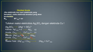 Tuliskan reaksi elektrolisis Ag2SO4 dengan elektroda Cu !
Ag2SO4 2Ag+ + SO4
2-
Katoda : Ag+
(aq) + e Ag(s)
Anoda : Cu(s) Cu2+
(aq) +
2e
X2
X1
Katoda : 2Ag+
(aq) + 2e 2Ag(s)
Anoda : Cu(s) Cu2+
(aq) +
2e
Reaksi Total : 2Ag+
(aq) + Cu(s) 2Ag(s) + Cu2+
(aq)
Oksidasi Anoda
Jika elektroda non inert (elektroda yang
bereaksi), maka elektroda tersebut yang akan
teroksidasi
M(s) Mx+
(aq) + xe-
 