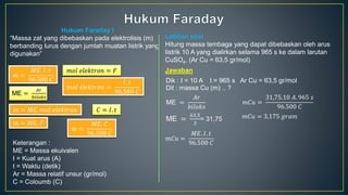 Hukum Faraday I
“Massa zat yang dibebaskan pada elektrolisis (m)
berbanding lurus dengan jumlah muatan listrik yang
digunakan”
𝑚 =
𝑀𝐸. 𝐼. 𝑡
96.500 𝐶
ME =
𝐴𝑟
𝑏𝑖𝑙𝑜𝑘𝑠
𝑚𝑜𝑙 𝑒𝑙𝑒𝑘𝑡𝑟𝑜𝑛 = 𝐹
𝑚𝑜𝑙 𝑒𝑙𝑒𝑘𝑡𝑟𝑜𝑛 =
𝐼. 𝑡
96.500 𝐶
𝑚 = 𝑀𝐸. 𝑚𝑜𝑙 𝑒𝑙𝑒𝑘𝑡𝑟𝑜𝑛
𝑚 = 𝑀𝐸. 𝐹
𝐶 = 𝐼. 𝑡
𝑚 =
𝑀𝐸. 𝐶
96.500 𝐶
Keterangan :
ME = Massa ekuivalen
I = Kuat arus (A)
t = Waktu (detik)
Ar = Massa relatif unsur (gr/mol)
C = Coloumb (C)
Latihan soal
Hitung massa tembaga yang dapat dibebaskan oleh arus
listrik 10 A yang dialirkan selama 965 s ke dalam larutan
CuSO4. (Ar Cu = 63,5 gr/mol)
Jawaban
Dik : I = 10 A t = 965 s Ar Cu = 63,5 gr/mol
Dit : massa Cu (m) .. ?
ME =
𝐴𝑟
𝑏𝑖𝑙𝑜𝑘𝑠
ME =
63,5
2
= 31,75
𝑚𝐶𝑢 =
𝑀𝐸. 𝐼. 𝑡
96.500 𝐶
𝑚𝐶𝑢 =
31,75.10 𝐴. 965 𝑠
96.500 𝐶
𝑚𝐶𝑢 = 3,175 𝑔𝑟𝑎𝑚
 