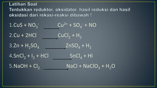 1.CuS + NO3
- Cu2+ + SO4
- + NO
2.Cu + 2HCl CuCl2 + H2
3.Zn + H2SO4 ZnSO4 + H2
4.SnCl2 + I2 + HCl SnCl4 + HI
5.NaOH + Cl2 NaCl + NaClO3 + H2O
 