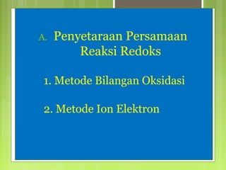 A.

Penyetaraan Persamaan
Reaksi Redoks

1. Metode Bilangan Oksidasi
2. Metode Ion Elektron

 