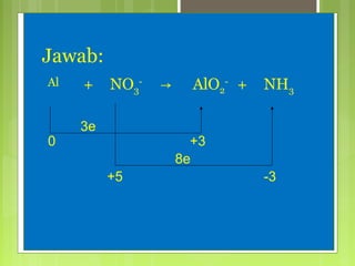 Jawab:
Al

0

+

NO3-

3e

→

AlO2- +

NH3

+3
8e
+5

-3

 