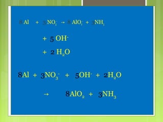 8 Al

+ 3 NO3- → 8 AlO2- + 3NH3

+ 5 OH+ 2 H2O
8Al + 3NO3- + 5OH- + 2H2O
→

8AlO2 + 3NH3

 