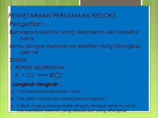 PENYETARAAN PERSAMAAN REDOKS
Pengertian :
Banyaknya elektron yang dilepaskan oleh reduktor
harus
sama dengan banyaknya elektron yang ditangkap
oleh ok
Sidator.
1. REAKSI SEDERHANA
K + Cl2
KCl
Langkah-langkah :
a. Cari perubahan biloksunsur-unsur
b. Tulis reaksi oksidasi dan reduksi secara terpisah
c. Kalikan masing-masing reaksi dengan bilangan tertentu untuk
menyamakan elektron yang dilepas dan yang ditangkap

 