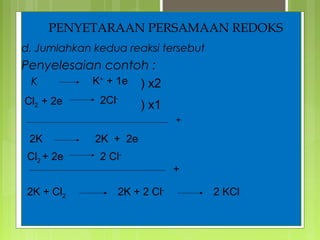PENYETARAAN PERSAMAAN REDOKS
d. Jumlahkan kedua reaksi tersebut

Penyelesaian contoh :
K+ + 1e ) x2
K
Cl2 + 2e

2Cl-

) x1
+

2K
Cl2 + 2e
2K + Cl2

2K + 2e
2 Cl+
2K + 2 Cl-

2 KCl

 